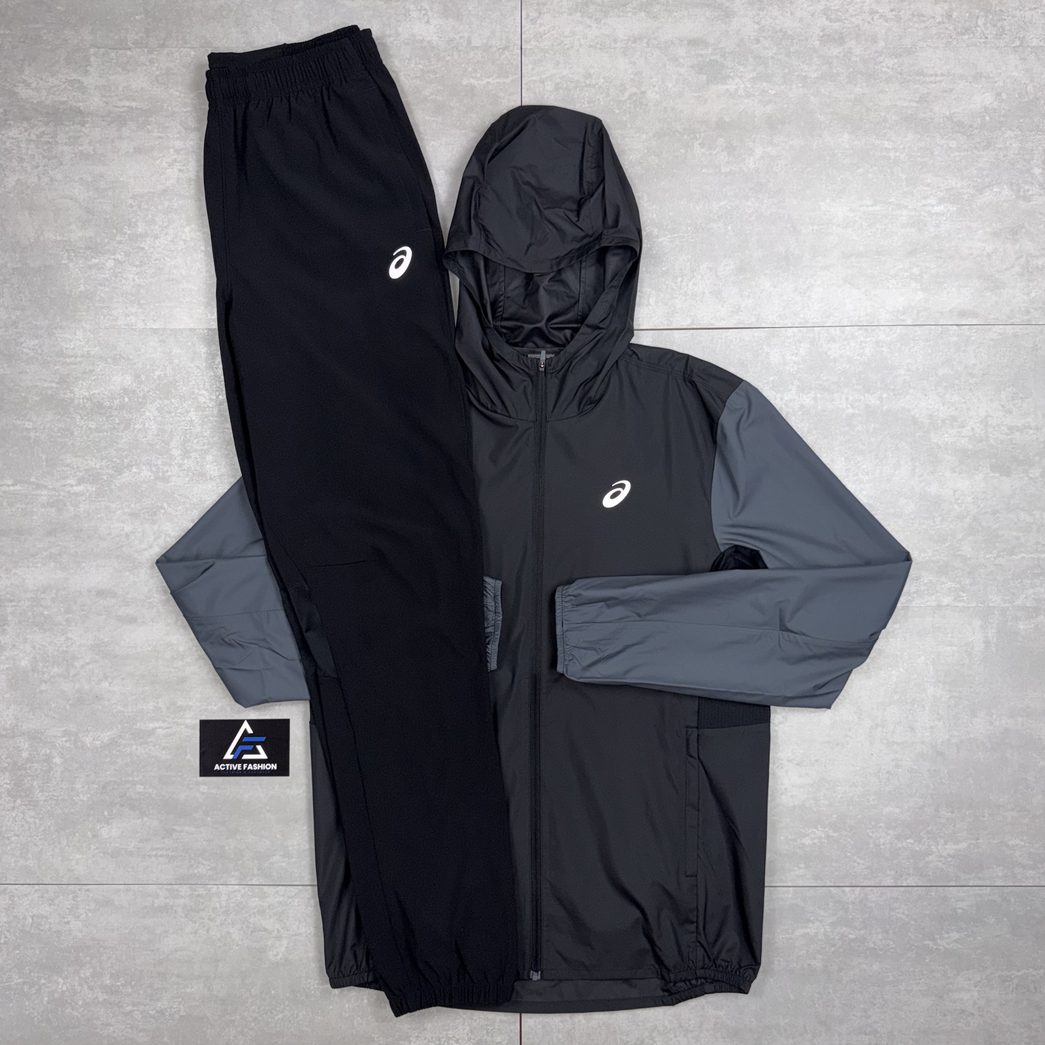 Asics Icon Windbreaker Jacket Black / Grey & Black Asics Challenger Pants Set