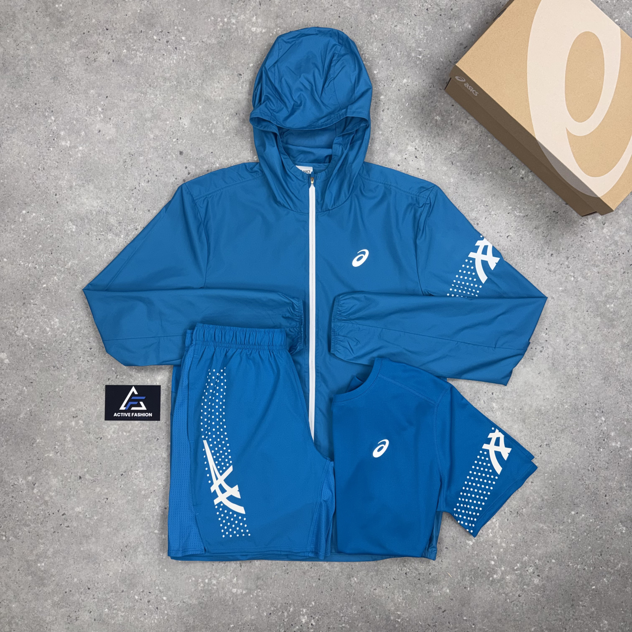 Asics Icon Windbreaker Jacket Aegean Blue, Aegean Blue Icon T-Shirt & Aegean Blue Asics Icon Shorts Set Sale price