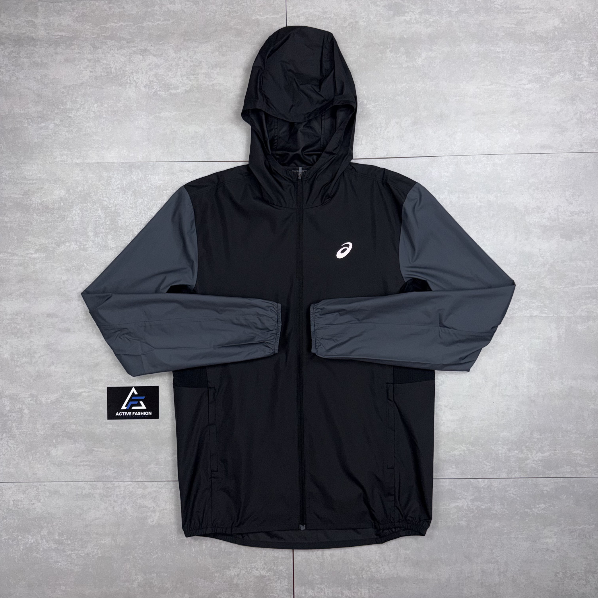 Asics Icon Windbreaker Jacket Black / Grey & Black Asics Challenger Pants Set
