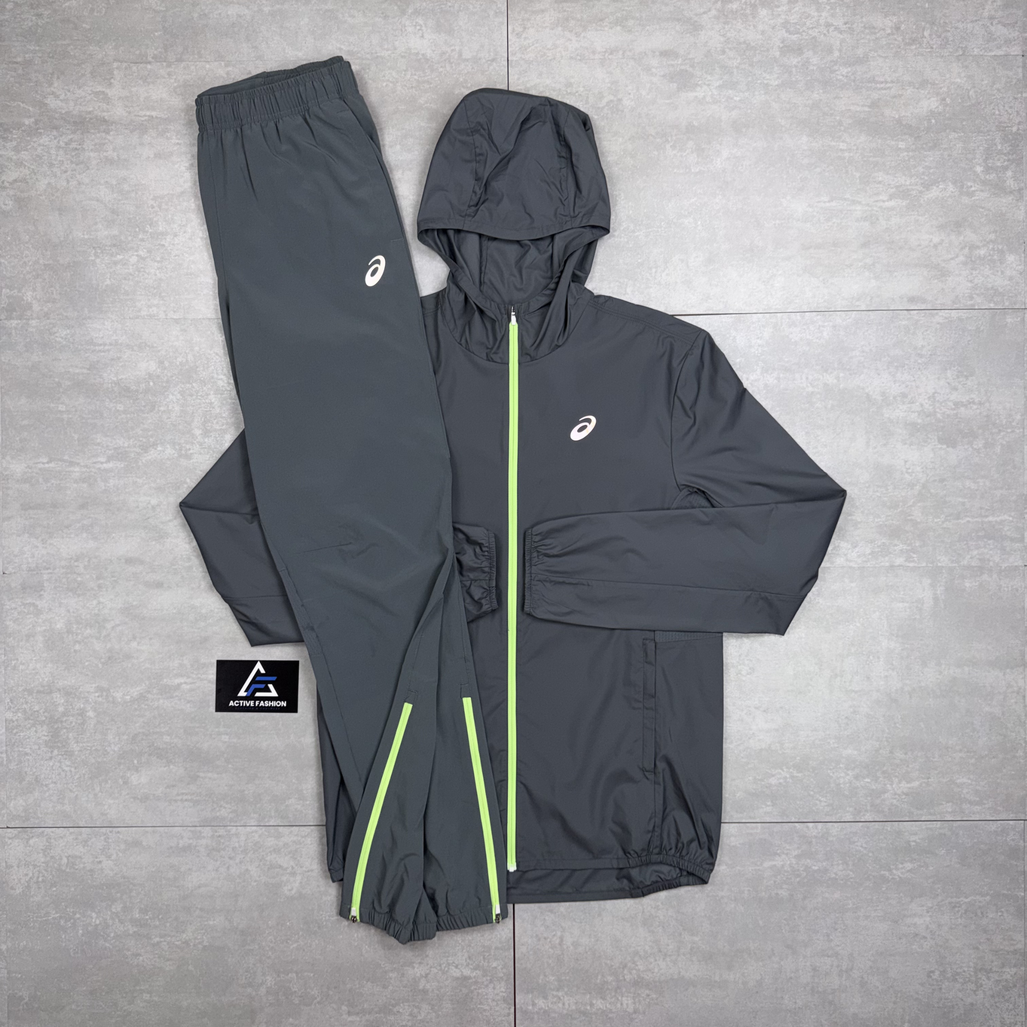 Asics Icon Windbreaker Jacket Grey / Neon & Grey Asics Challenger Pants Set