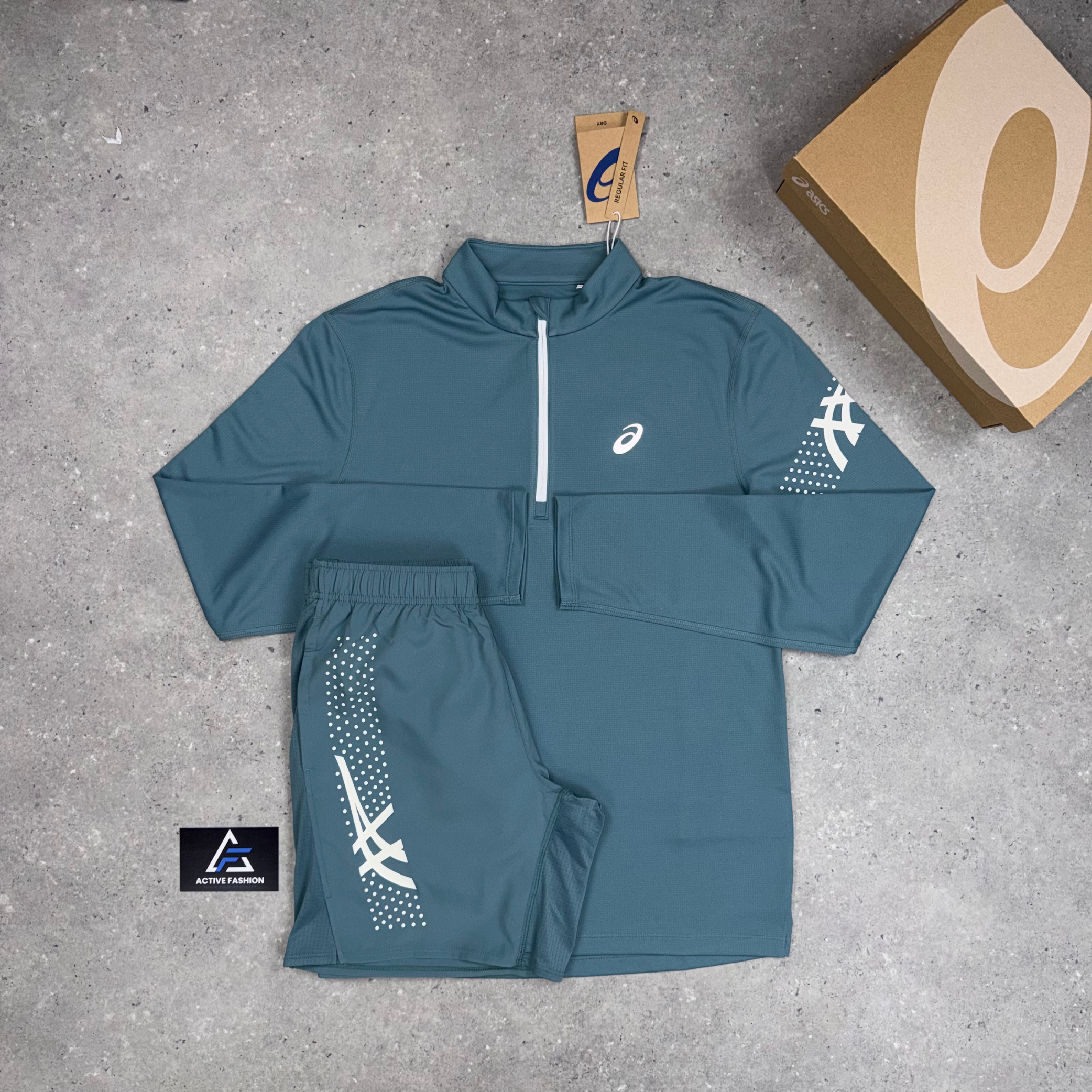 Asics Icon 1/4 Zip & Icon Shorts – Foggy Teal Set