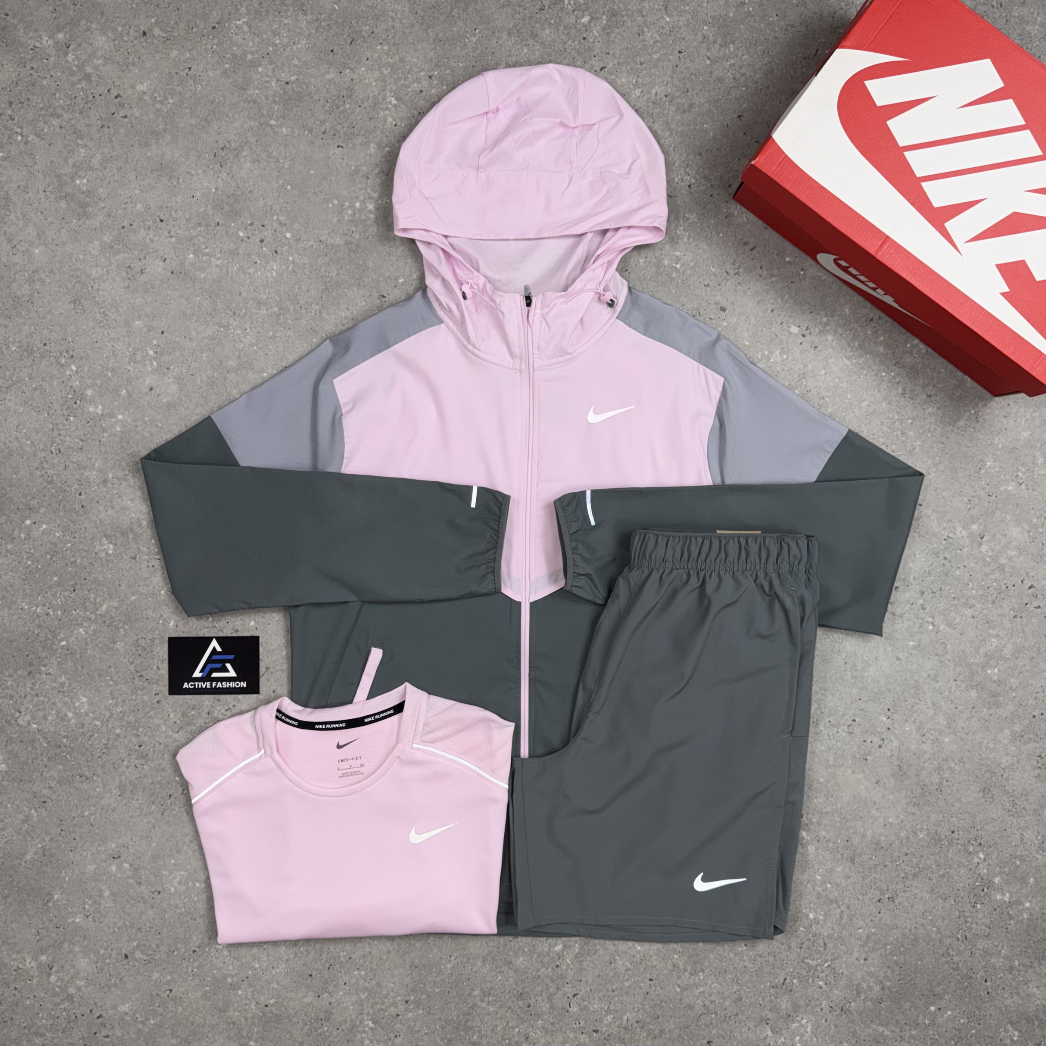Nike UV Windrunner Jacket, Nike Miler T-Shirt & 7” Grey Challenger Short Set Pink Foam