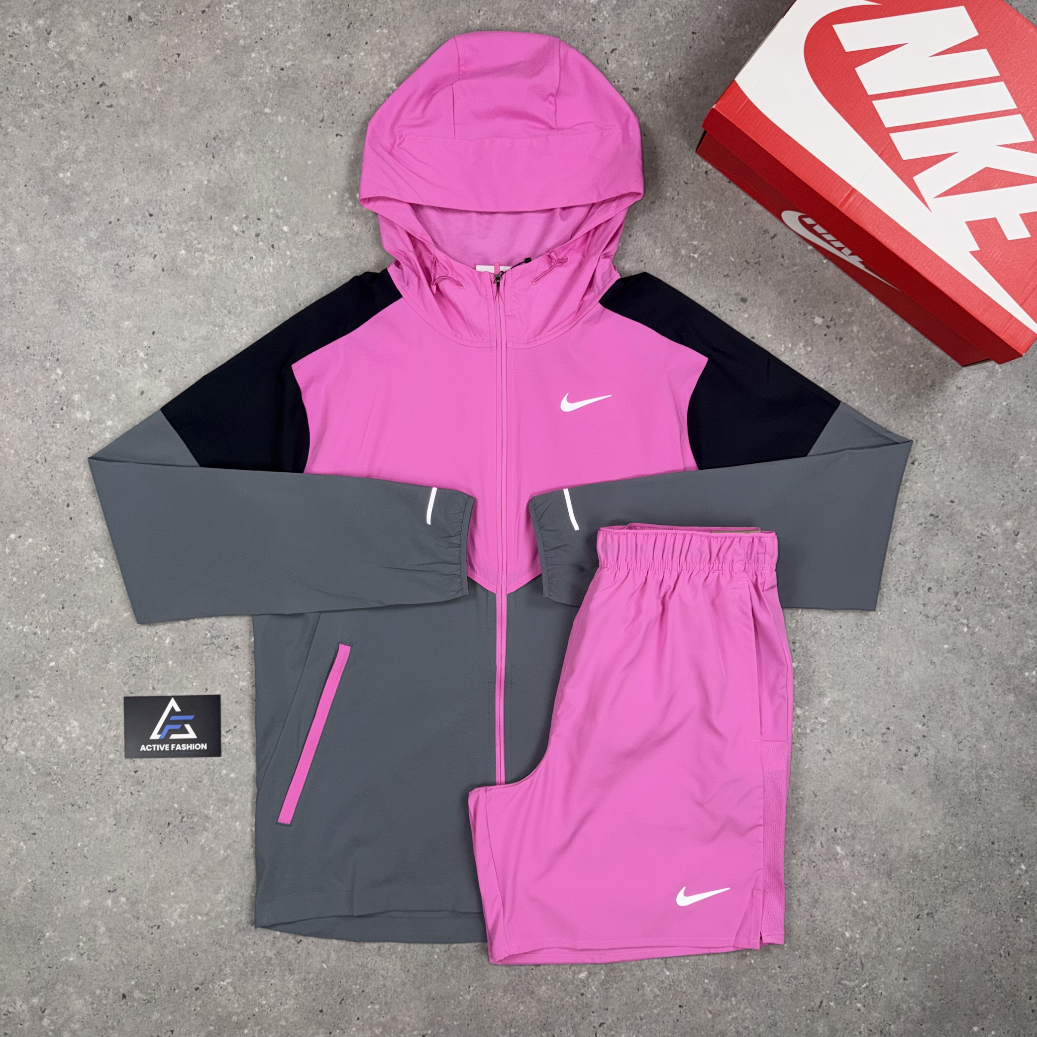 Nike UV Windrunner Jacket, Nike Miler T-Shirt & 7” Challenger Short Set Playful Pink