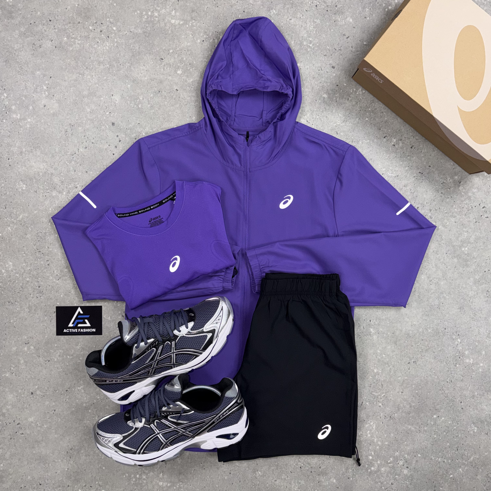 Asics Core Windbreaker Jacket Purple, Purple Seamless T-Shirt & Black Asics Challenger Shorts Set