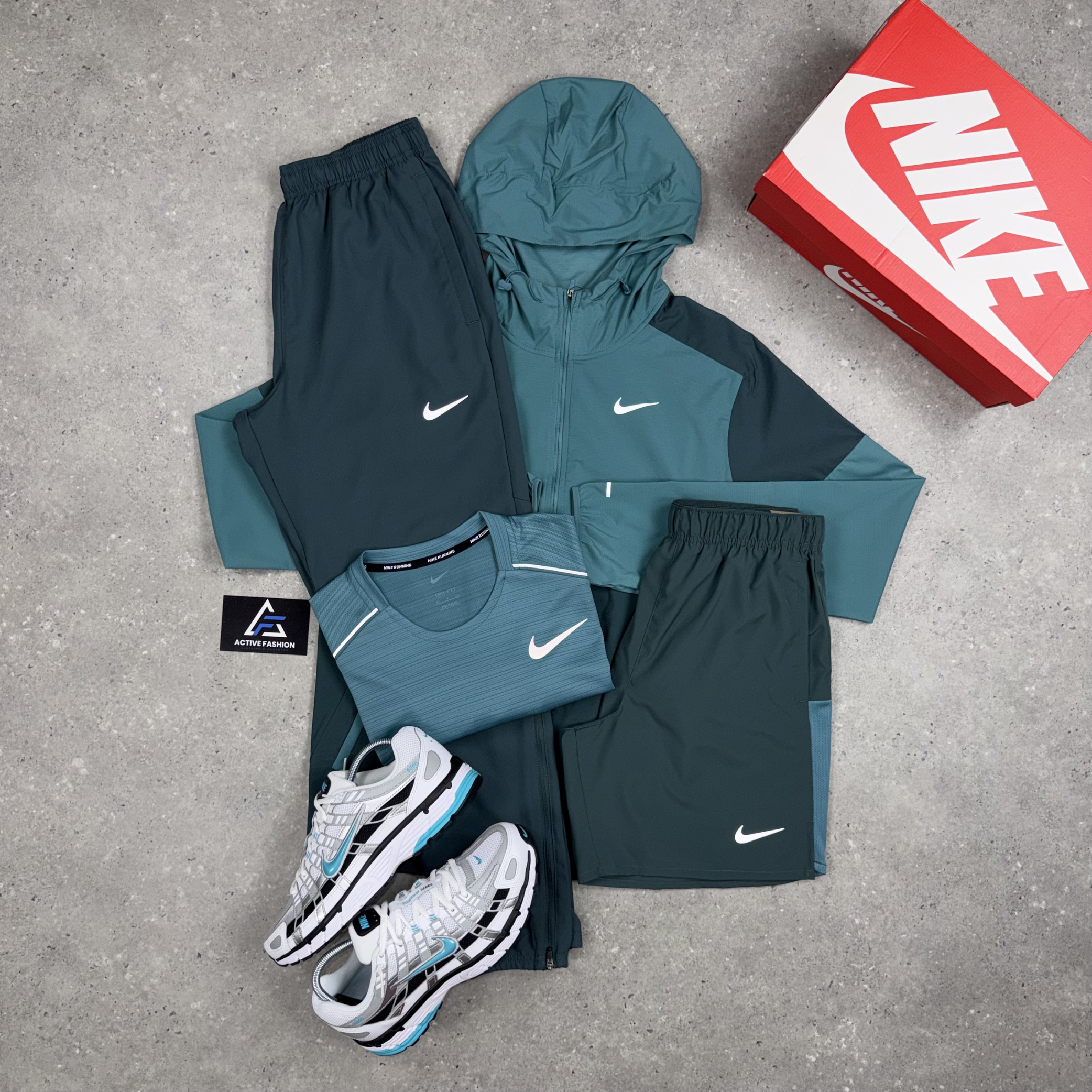 Nike UV Windrunner Jacket, Nike Miler T-Shirt, Nike 7" Challenger Shorts & Challenger Pants Set Mineral Teal