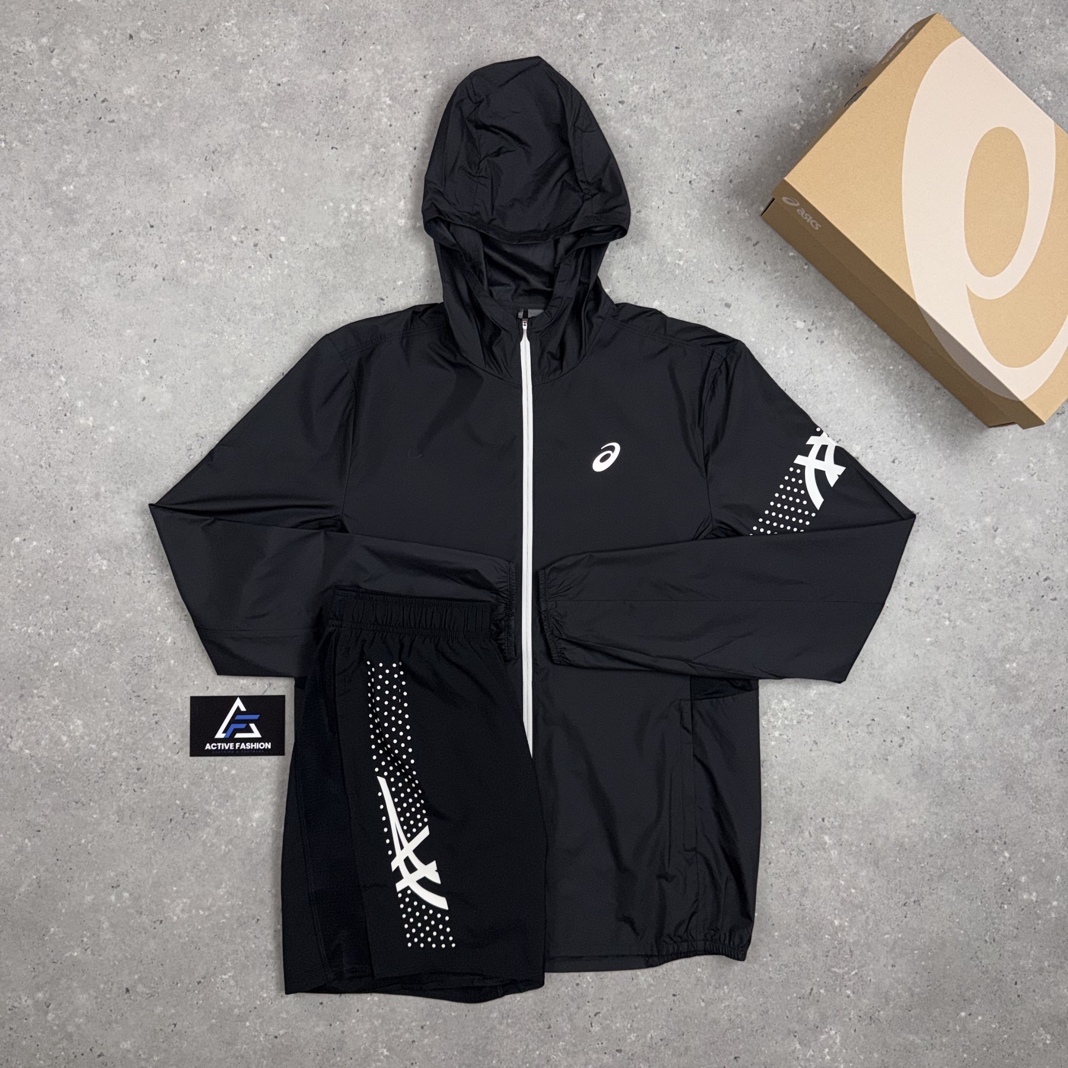 Asics Icon Windbreaker Jacket Black, Black Icon T-Shirt & Black Asics Icon Shorts Set