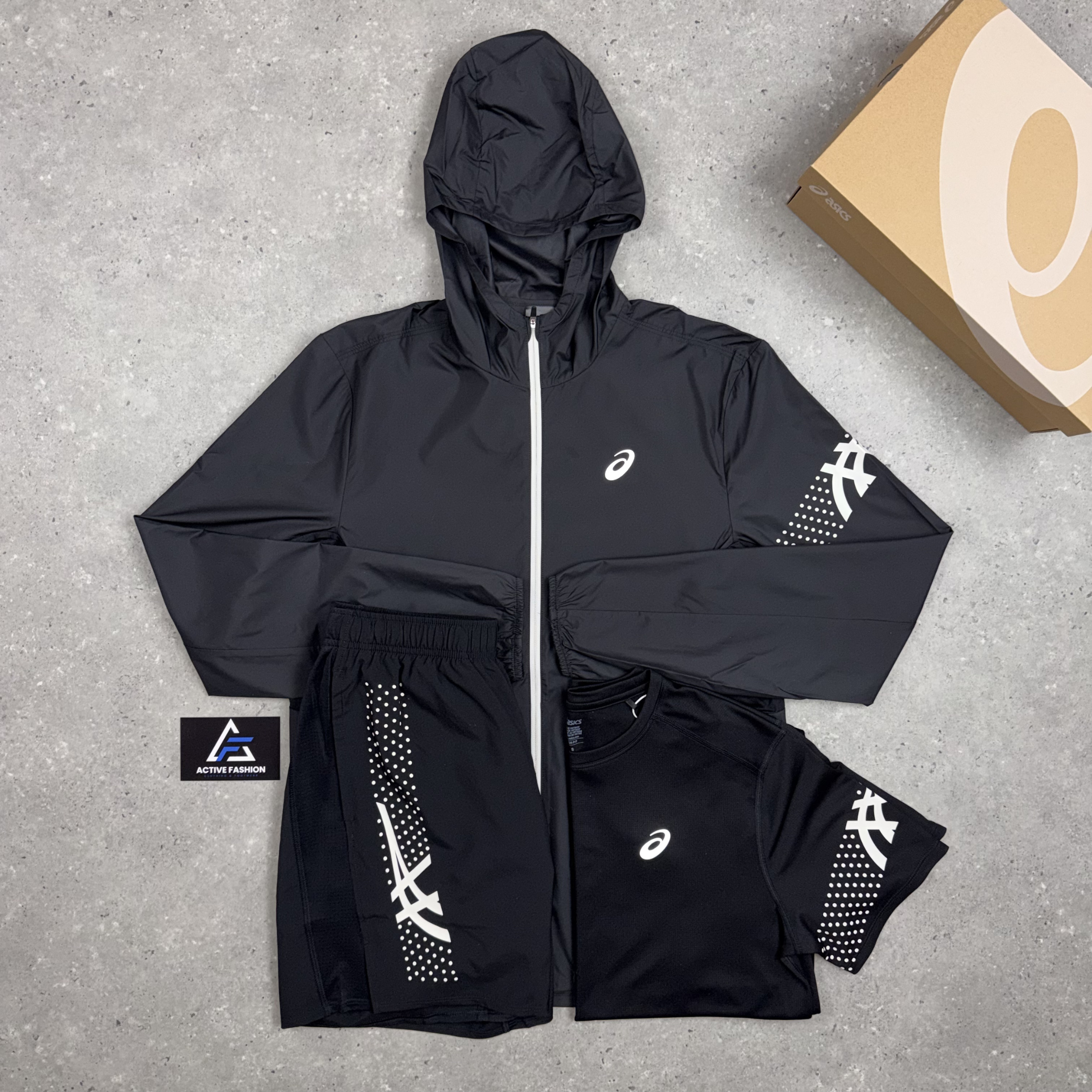 Asics Icon Windbreaker Jacket Black, Black Icon T-Shirt & Black Asics Icon Shorts Set