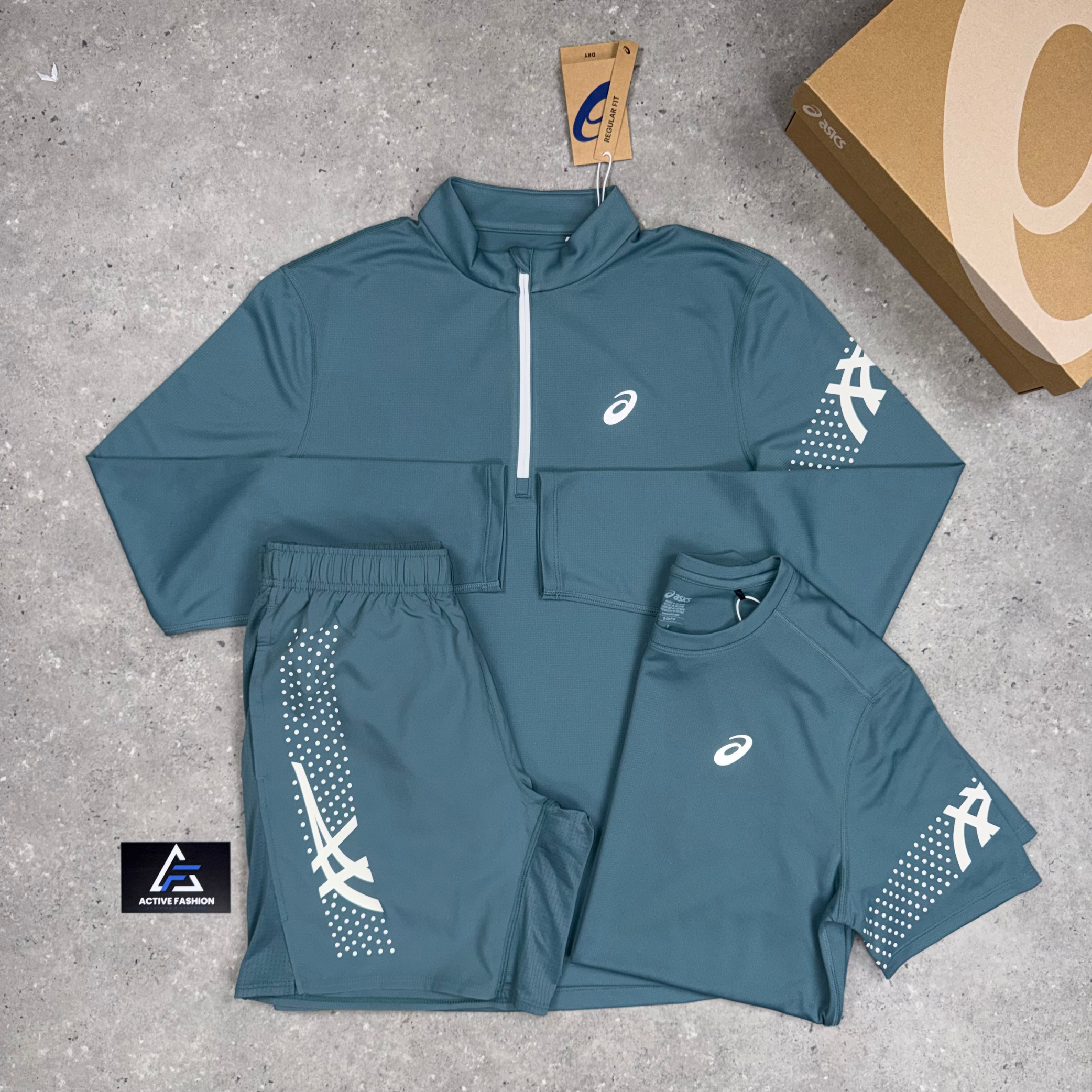 Asics Icon 1/4 Zip & Icon Shorts – Foggy Teal Set