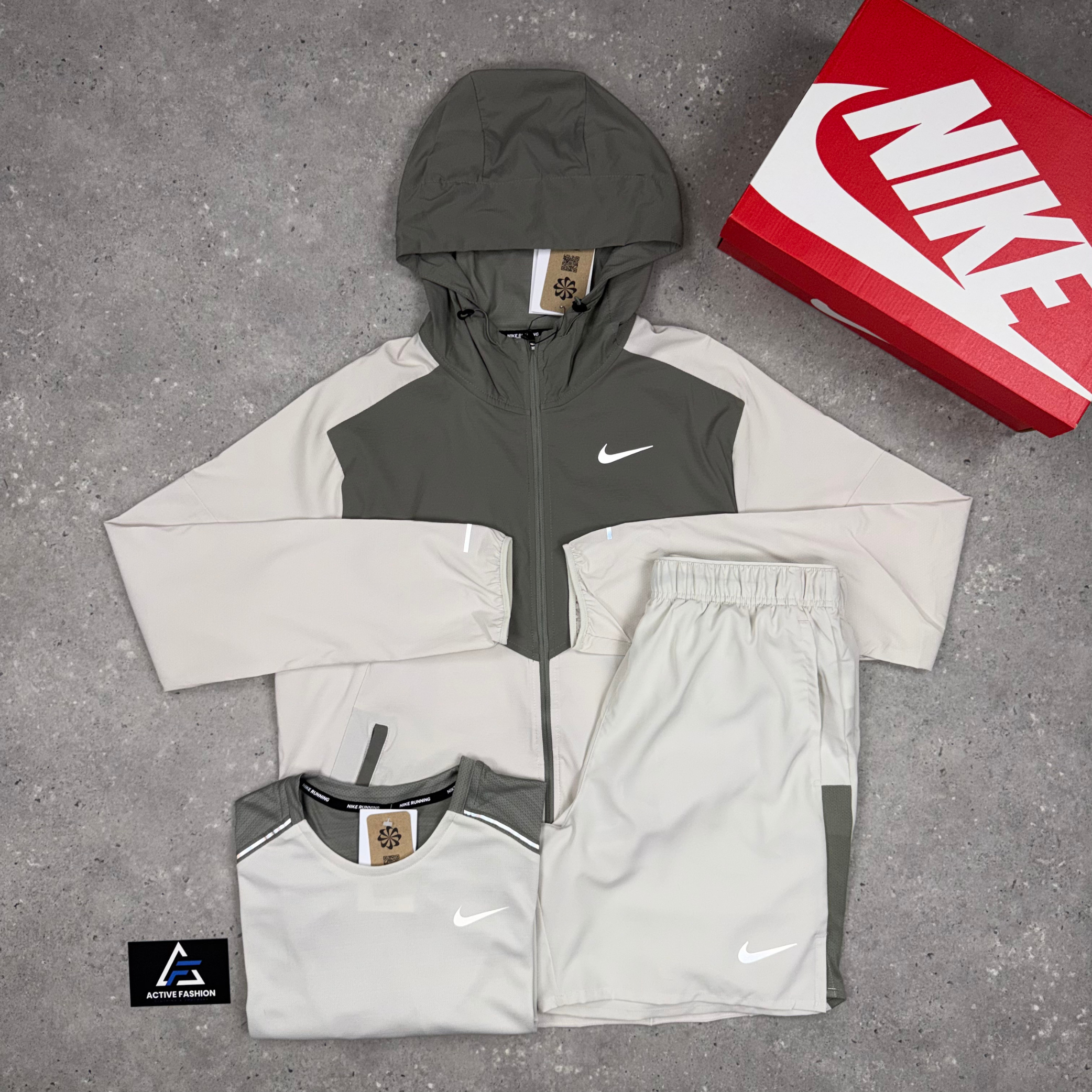 Nike UV Windrunner Jacket, Nike Miler T-Shirt & 7” Challenger Short Set Beige