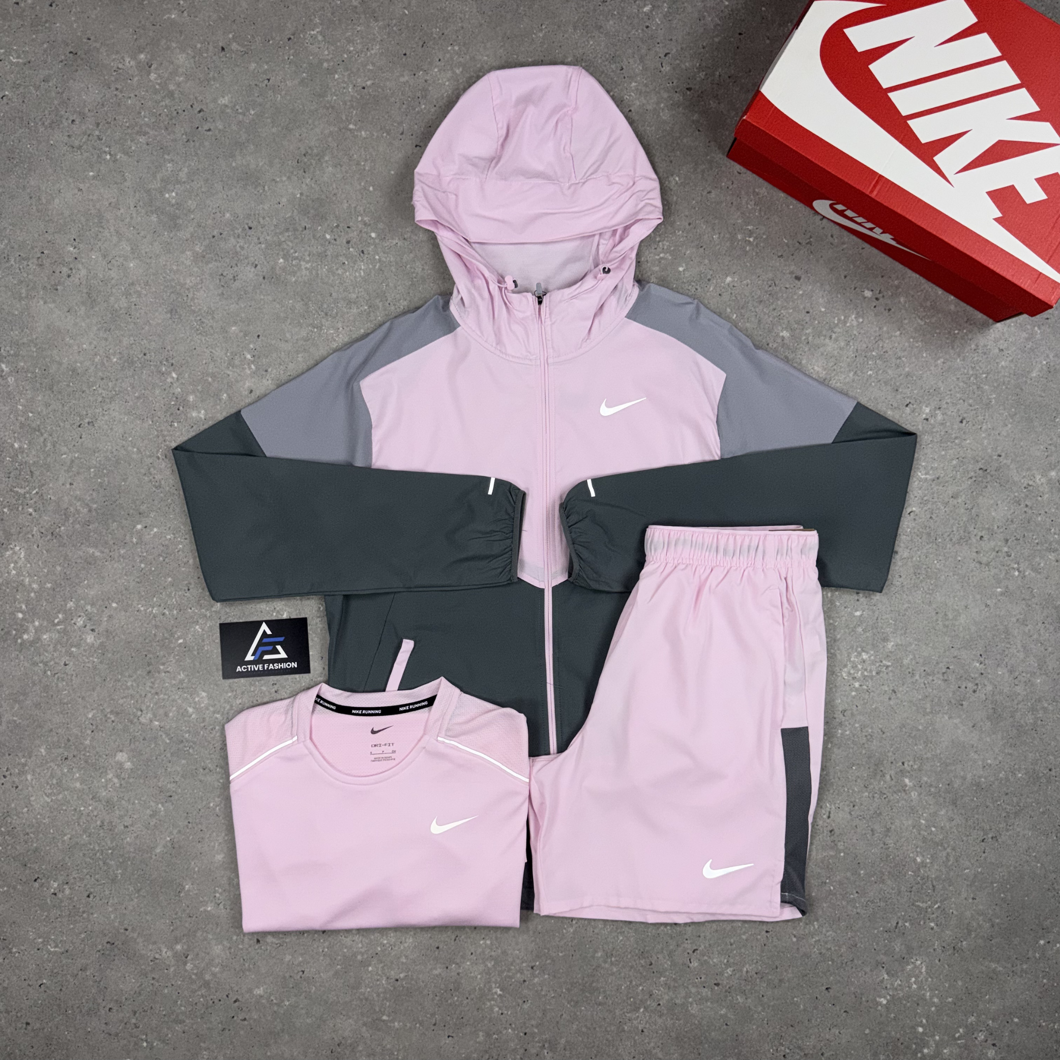 Nike UV Windrunner Jacket, Nike Miler T-Shirt & 7” Challenger Short Set Pink Foam
