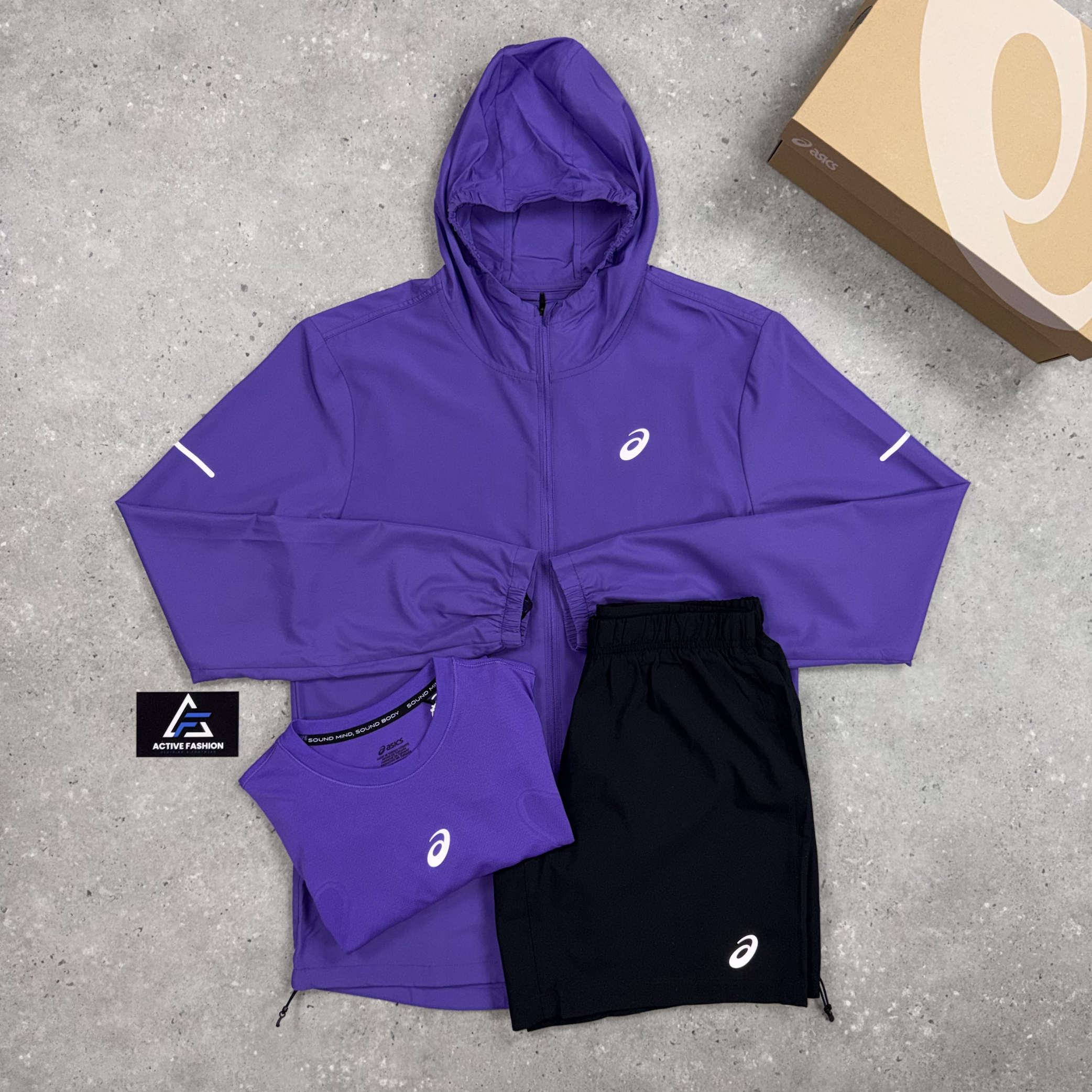 Asics Core Windbreaker Jacket Purple, Purple Seamless T-Shirt & Black Asics Challenger Shorts Set