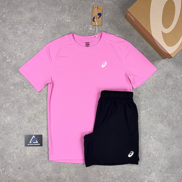 Asics Core Pink Bubblegum Black t-shirt and shorts set