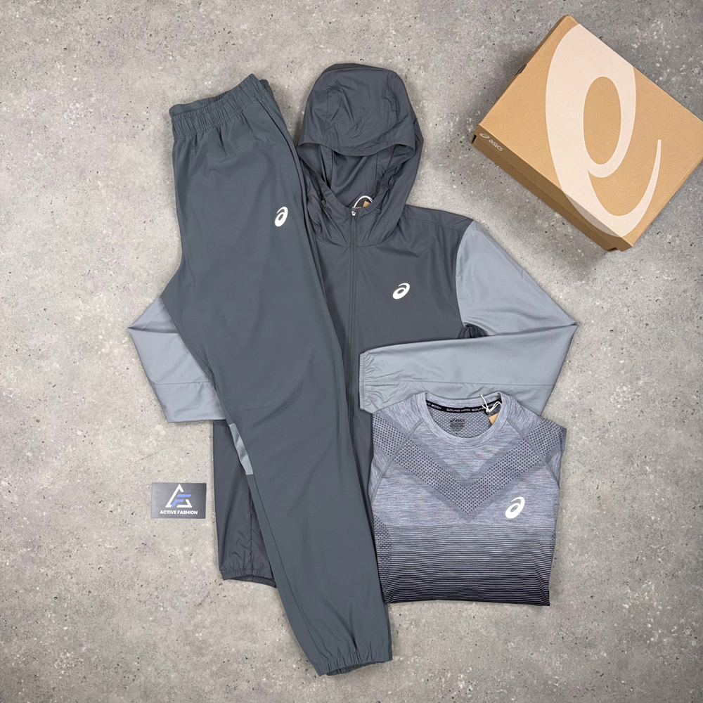 Asics Core Windrunner Grey jacket, Seamless t-shirt and Woven pants set
