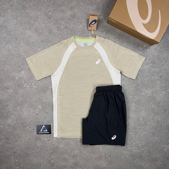 Asics Road Cream t-shirt and Grey 7 inch Core shorts set