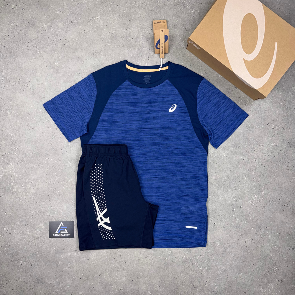 Asics Road Dark Cobalt t-shirt and Midnight 7 inch Icon shorts set